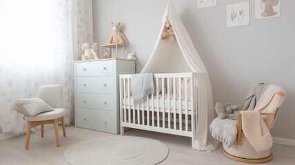 Fototapeta na wymiar Child's baby room cozy interior with canopy bed and wardrobe. The room is thoughtfully designed with a blend of comfort and playfulness, providing a delightful space for a child to rest and explore.