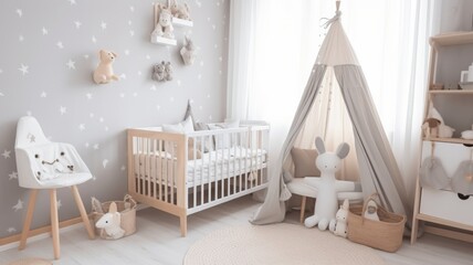 Fototapeta na wymiar Child's baby room cozy interior with canopy bed and wardrobe. The room is thoughtfully designed with a blend of comfort and playfulness, providing a delightful space for a child to rest and explore.