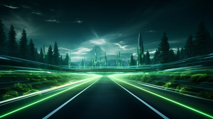 3D render of green light trails on highway. ai generated.