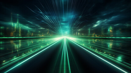 3D render of green light trails on highway. ai generated.