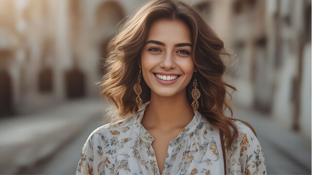 Closeup photo portrait of a beautiful young turkish model woman smiling with white teeth