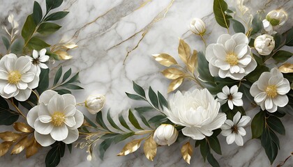 luxurious background with flowers on marble a floral background with white flowers and leaves generative ai