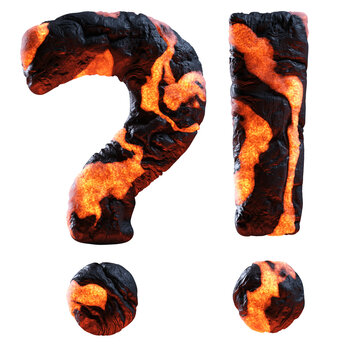 3d exclamation and question marks made of rock and lava for movie or game logo