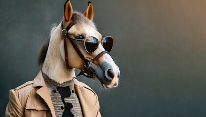 cool looking horse dog wearing funky fashion dress beige jacket vest leather sunglasses wide banner with space for text right side stylish animal posing as supermodel generative ai