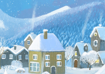 Fototapeta premium cartoon christmas scene with city in the winter with some wild animals near the town illustration for children