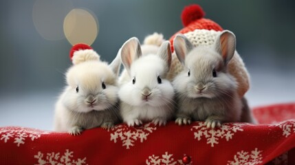 Fototapeta na wymiar Cute rabbit hare red santa hat background snow postcard fluffy animals gift red winter photo