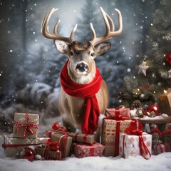 Cute deer red santa hat background snow postcard fluffy animals gift red winter photo
