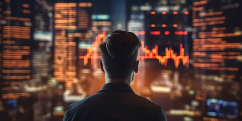 Naklejka premium Back view of a stock crypto trader businessman looking at an out of focus blurred stock options index graph stock exchange background monitor - Generative ai