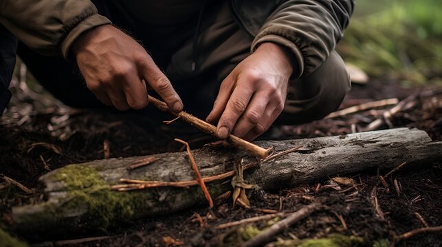 A rugged male adventurer skillfully uses a flint to ignite a fire amidst the wild, surrounded by dense forest under a clear sky, demonstrating survival techniques in the great outdoors.