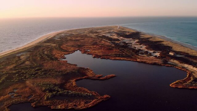 Aerial Flight near Great Point Lighthouse, Nantucket Island, Massachusetts, USA. 4K