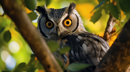 A white faced scops owl Ptilopsis leucotis in a tree staring with large orange eyes