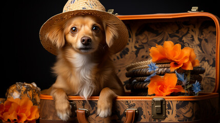 Adorable cute dog going on vacation standing on suitcase with straw hat. generative ai
