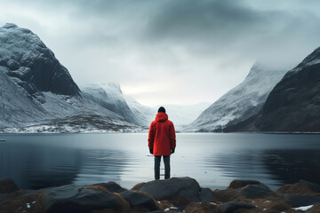 Man in red jacket standing back by the lake overlooking the mountains with snow, winter nature.generative ai - obrazy, fototapety, plakaty