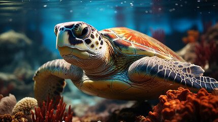 a turtle plays near the surface in blue water. generative ai - obrazy, fototapety, plakaty