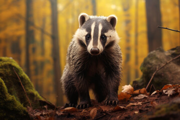 Fototapeta premium Badger in the forest front view, wildlife and nature.generative ai