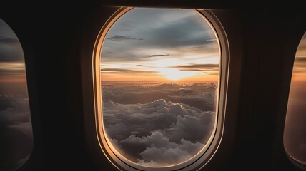 Airplane window view on a clouds and sunset outside of aircraft