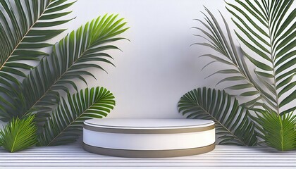 3d pedestal podium on white background with palm tree leaves summer holiday beauty product...