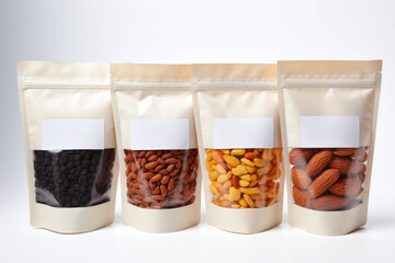 Paper eco-friendly packaging for sale with various nuts and white blank label for name on light background.generative ai