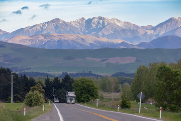 Traffic on country road and Mountain Range, Cheviot, Canterbury
