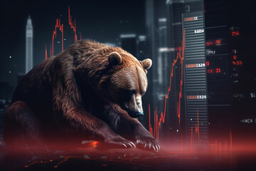Bear on the background of a technical financial, stock or cryptocurrency chart, bear market theme, falling prices.generative ai
