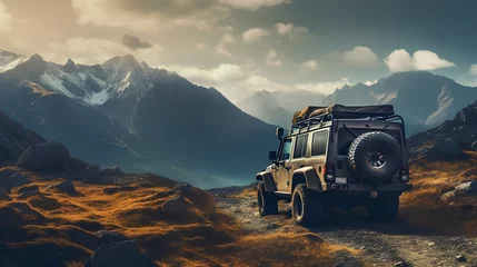 Fotobehang An exhilarating action shot capturing a rugged 4x4 vehicle engaged in offroading adventure, ascending a steep, muddy hill, showcasing the thrill and challenge of mudding. © TensorSpark