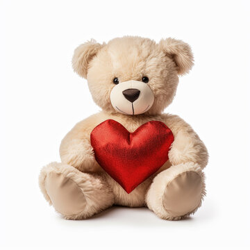 oso de peluche sentado sosteniendo con un coraz&oacute;n entre sus brazos, sobre fondo blanco