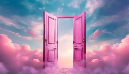 surreal image of pink open doors against a sky filled with clouds symbolizing freedom opportunity and imagination in a minimalist magical realism setting