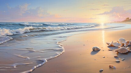 A serene beachscape at sunrise, with gentle waves lapping against the shore, capturing the soft hues of the morning sky reflected on the wet sand and seashells scattered along the waterline - obrazy, fototapety, plakaty
