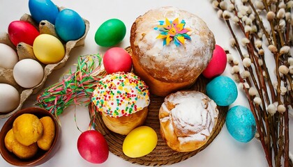 Fototapeta na wymiar easter pastries and colorful painted eggs traditional easter spring holiday food generative ai