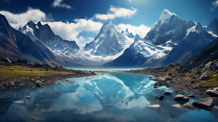 Glacial Lake Surrounded by High Mountain Peaks Background