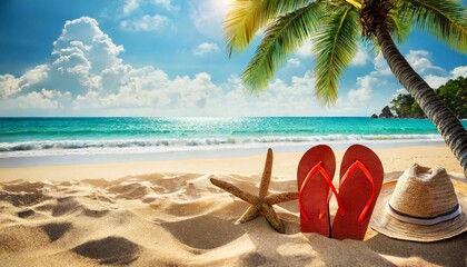 Fototapeta na wymiar summer holiday background with flip flops and palm tree on sandy beach