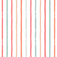 Seamless stripe pattern. Hand drawn vector stripes background, red, pink, orange and green girly brush strokes, cute spring paintbrush line backdrop - obrazy, fototapety, plakaty
