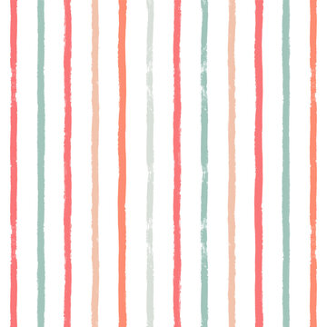 Seamless Stripe Pattern. Hand Drawn Vector Stripes Background, Red, Pink, Orange And Green Girly Brush Strokes, Cute Spring Paintbrush Line Backdrop