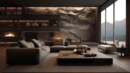 modern living room contours dark and indirect light, copy space, 16:9
