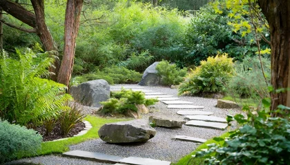 Foto auf Acrylglas zen garden with carefully manicured rocks a meditative pathway and lush greenery this serene space provides a peaceful retreat for reflection and relaxation © Irene