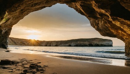 view from the cave a sandy beach along the ocean at sunset