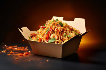 Chinese noodles with chicken and shrimp, vegetables in cardboard box on dark background, asian food delivery, street food concept, copy space.generative ai
