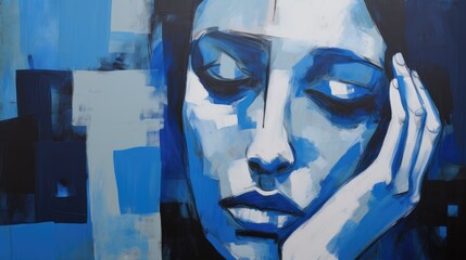 Blue color upset portrait background. Blue Monday, Mental health, loneliness epidemic concept. Illustration art of sad face for poster, print, wallpaper, cover.