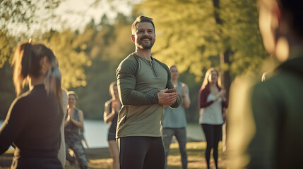 Fitness instructor leading an outdoor yoga class