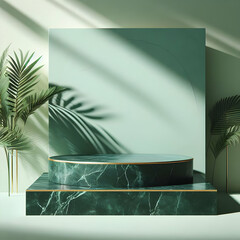 Marble Green Podium Stand with Shadow From Palm Leaves