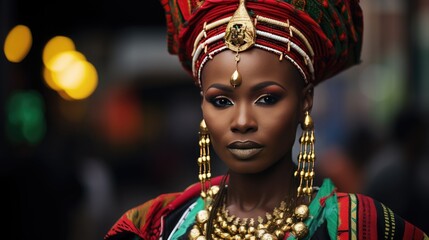 African woman wearing traditional national clothing and head wrapper. Black History Month concept....
