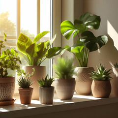 Indoor Plants in Pots on Sunny Window Sill