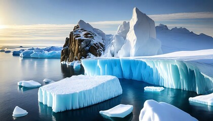 ice icebergs and snow covered rocks against the sea created with the help of artificial intelligence