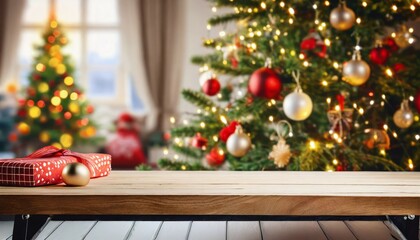 empty table in front of christmas tree with decoration background