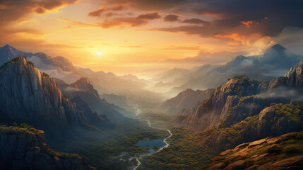 Valley Between Two Mountain Ranges in Evening Light Background