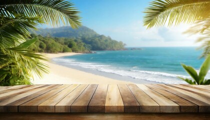 empty wooden table on a beautiful blured tropical beach background generative ai summer holiday background for product display