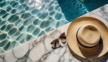 flat lay of sunglasses and straw hat on marble swimming pool side with clear blue water with waves...