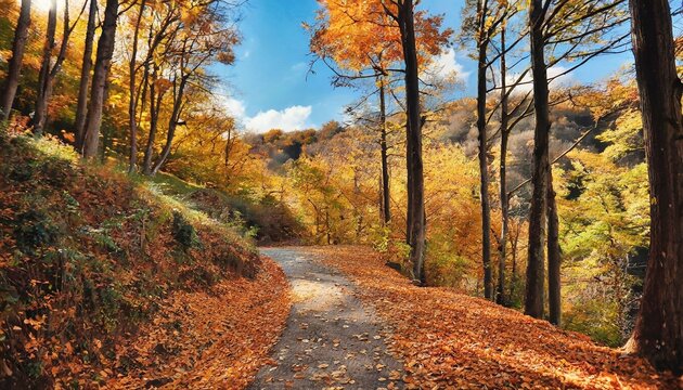 autumn forest scenery with road of fall leaves warm light illumining the gold foliage footpath in scene autumn forest nature vivid october day in colorful forest maple autumn trees road fall way