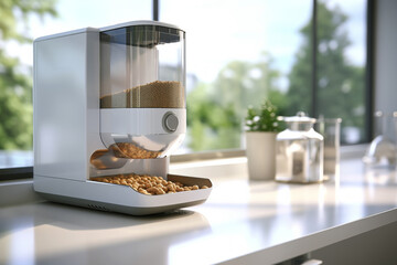 Automatic dog or cat food feeder in a kitchen arrangement.generative ai