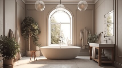 Poster mockup in cozy nomadic bathroom interior background, 3d render. Cozy nomadic bathroom interior. Decor concept. Real estate concept. Art concept. Bathroom concept. Stylist concept. 3d render.